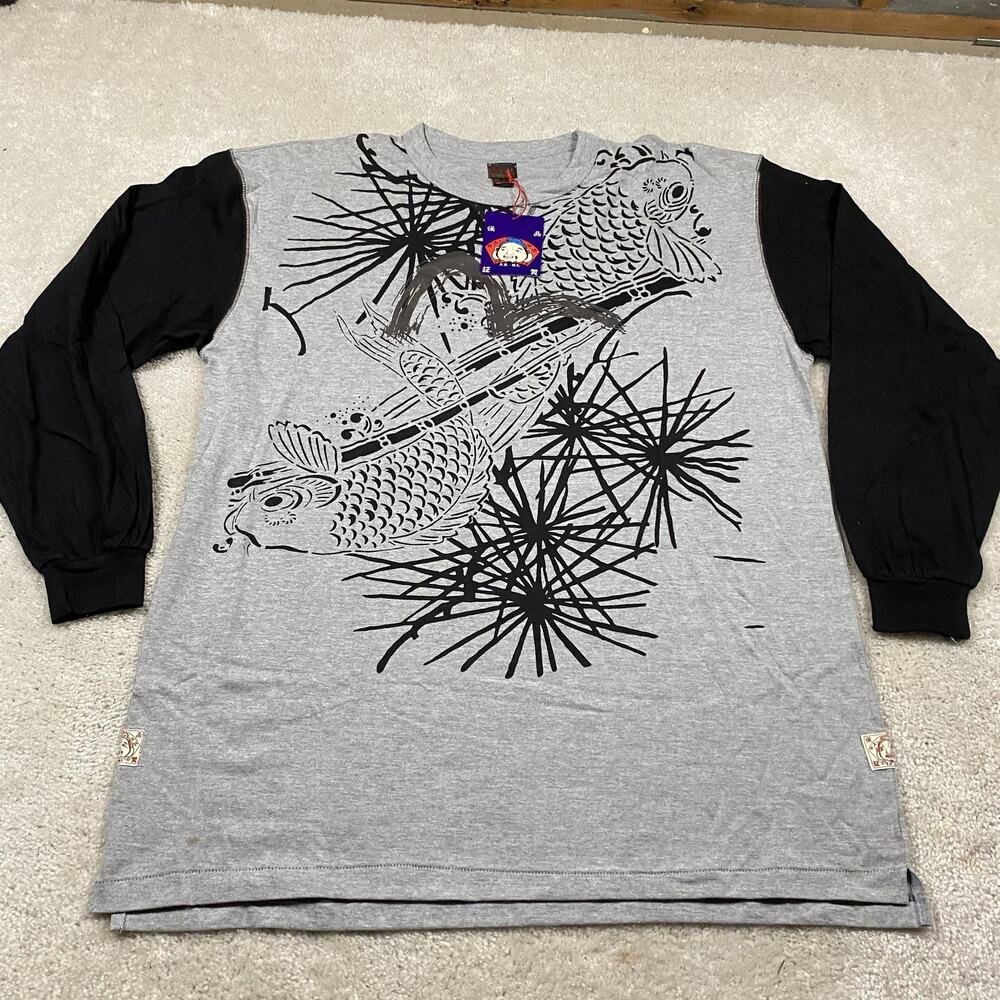 VTG EVISU Shirt Mens 4XL Gray Black Koi Fish Long Sleeve Japanese Streetwear